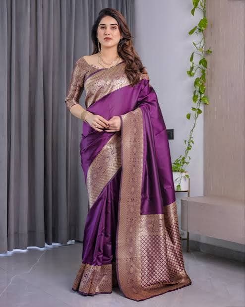 Model in a purple banarasi saree with gold border