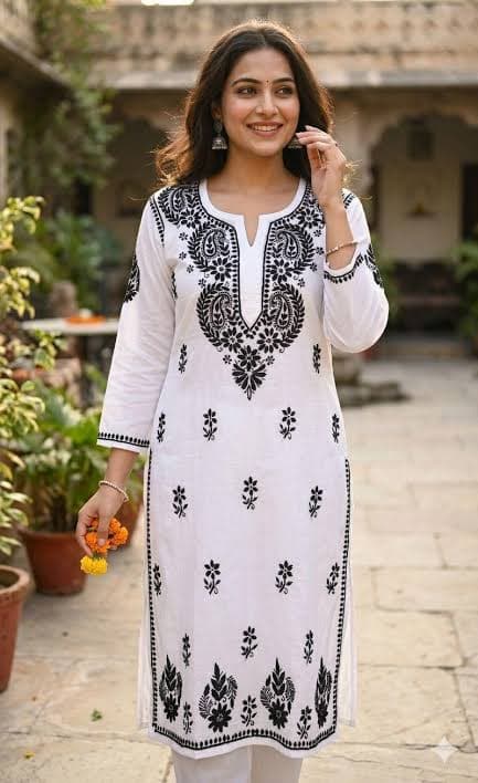 Model in a white kurta with black chikankari