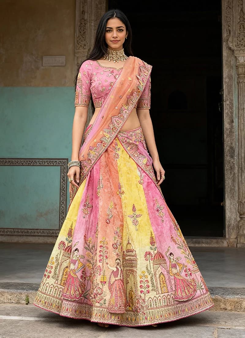 Model in a pastel multicolour silk lehenga with a peach dupatta