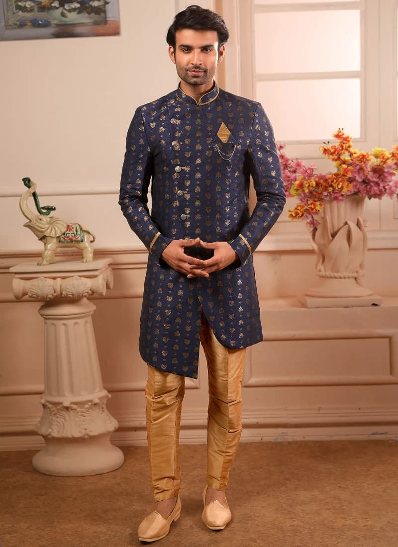 Model in a navy indo-western sherwani